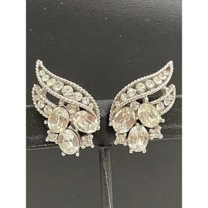 CROWN TRIFARI Clip Earrings Clear Silver Vtg Estate Jewelry N06